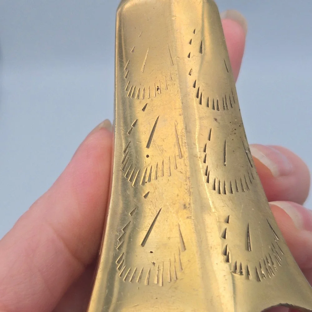 Vintage Small Solid Brass Bell Scalloped Edge Etched Design Meditation Chime 4